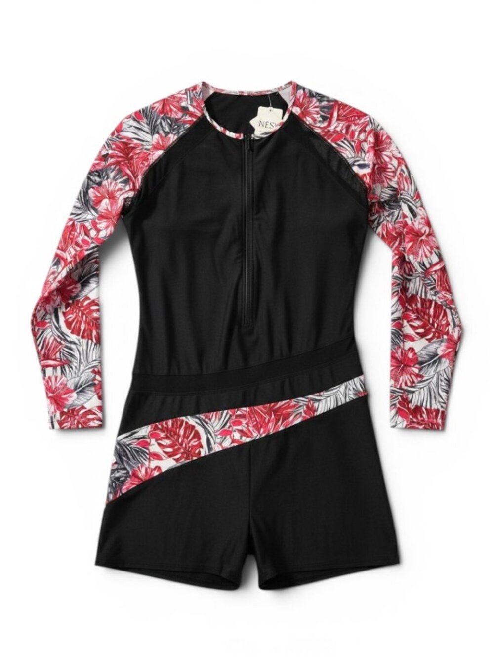 Nesy Long-Sleeve One-Piece Swim Romper in Black and Red Floral